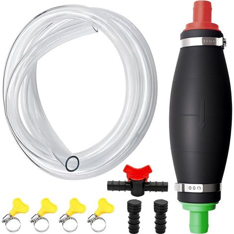 Pompe manuelle pour le transfert de liquides–Pompe de transfert XL avec fonction vide,tuyau PVC EXTRA-LONG résistant au carburant de 2,5m avec bouchon et régulateur de débit pour essence, huile et eau (1/5)