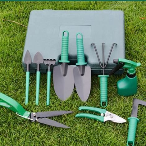 Ensemble de 10 outils de jardinage comprenant une pelle et un sécateur en acier inoxydable, une herse, un arroseur et un sac de rangement. (1/4)