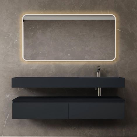 Mai & Mai Badmöbelset Waschtisch mit Unterschrank Anthrazit matt 150x48x25cm mit Soft-Close Schubladen inkl. Mineralguss-Waschbecken in matt Anthrazit und LED-Badspiegel UP