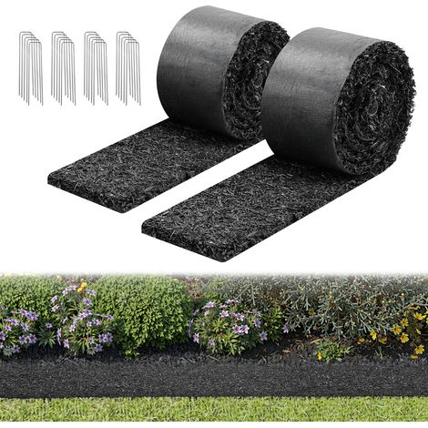 VEVOR Mantillo de Caucho para Paisajismo 305 x 11,5 cm Grosor de 1,3 cm, 2 Rollos de Mantillo de Caucho, Barrera Floral con Estacas, Bordes de Jardín Recortables, para Patios, Huertos, Frutales (1/5)