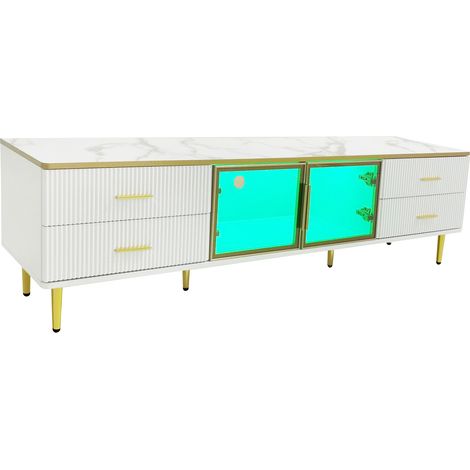 Meuble TV effet marbre blanc avec LED multicolore, 4 tiroirs texturés, 2 portes en verre trempé, pieds dorés, grande capacité de rangement, style moderne, CHICFURN (1/5)