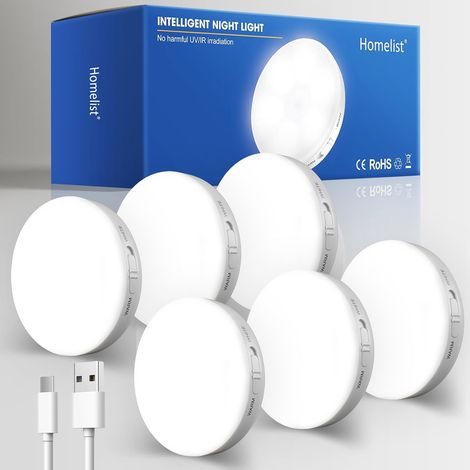 Veilleuses avec détecteur de mouvement, rechargeables, lot de 6 Éclairage LED sans fil avec batterie intégrée pour escaliers, cuisines, couloirs et chambres (1/5)