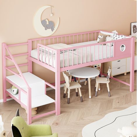 Cama infantil alta con almacenamiento rosa HAVRYA (1/5)