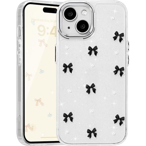 Coque pour iPhone 13/iPhone 14, coque de téléphone à nœud papillon 3D pailleté et brillant, coque esthétique transparente en TPU souple et résistant, fine et élégante, idéale pour femmes et filles - N (1/5)