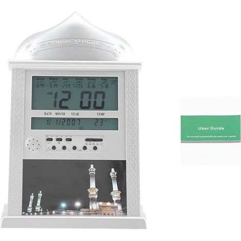 Reloj digital islámico para la oración con alarma Azan: funcionamiento sin pilas, pantalla clara, diseño sencillo y moderno.