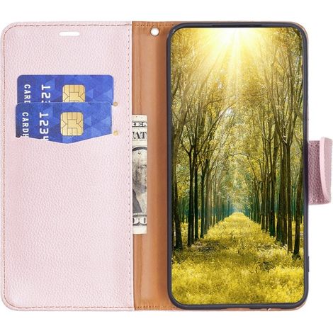 Custodia a libro, portafoglio e magnete Litchi per Samsung Galaxy A54 5G, oro rosa (1/5)