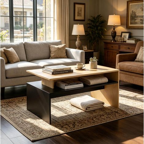 Couchtisch mit offenem Stauraum, 95 x 55 x 50 cm, MDF schwarz/natur, OKMYHOME (1/5)