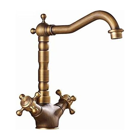 royaluxe -Robinet de lavabo Robinet de lavabo de salle de bain en laiton antique / Bec rotatif Double poignée en croix Robinet mélangeur chaud et froid- (1/5)