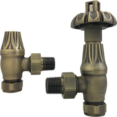 Warmehaus Traditional Antique Style Brass Thermostatic Radiator Valve Lockshield Heated Towel Rail Angled TRV Antique Brass