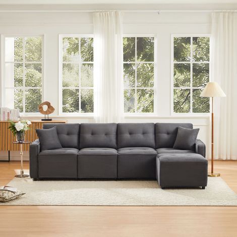 Canapé droit 4 places en velours côtelé avec espace de rangement sous les assises Gris Dimensions L 280 x P 146 x H 85 cm (1/5)