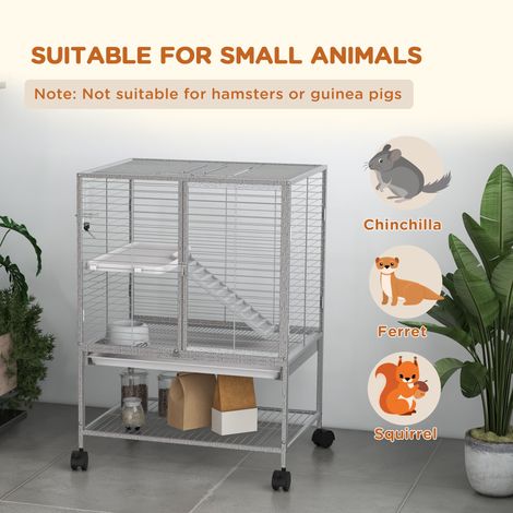 Cage à roulettes gris clair pour petits animaux, hauteur 86 cm (34 pouces), idéale pour les chinchillas, furets et écureuils, avec plateau amovible et étagère de rangement. (1/5)