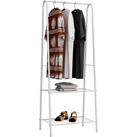 Perchero de Pie para Colgar Ropas Zapatero con 2 Estantes Marco de Acero Blanco 59.5 x 36.5 x 160cm