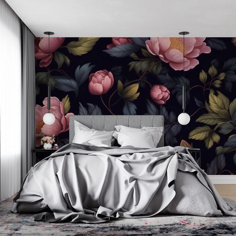 Papier peint fleuri fond noir - 150 x 250 cm (1/2)