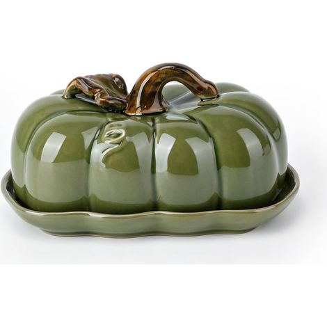 Beurrier en forme de citrouille avec couvercle en céramique – Plateau de service pour dessert, fromage, beurre – Assiette en céramique blanche en forme de citrouille pour Halloween, Thanksgiving (1/5)