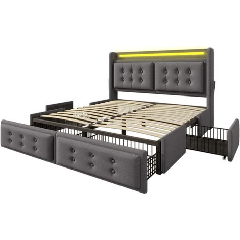 Letto contenitore 140x200 grigio con testiera LED USB-C 4 cassetti struttura in legno e metallo (1/5)