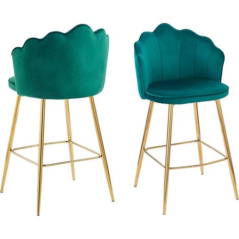 Lot de 2 Tabourets de Bar en Velours Vert Design Coquillage avec Pieds en Métal Doré - PANGIVO (1/5)