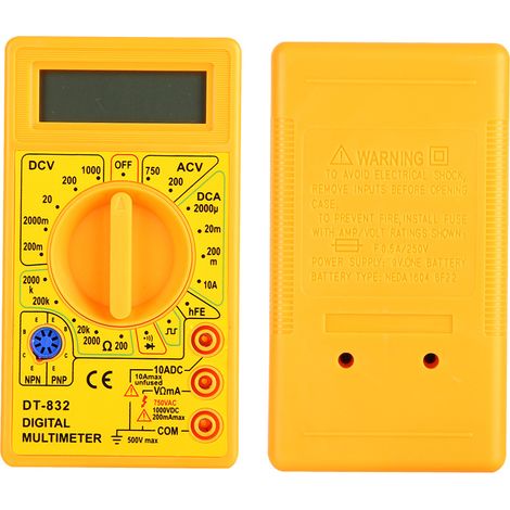 Multimètre numérique de poche DT-832, testeur de tension, courant et résistance AC/DC avec buzzer (jaune) (1/5)