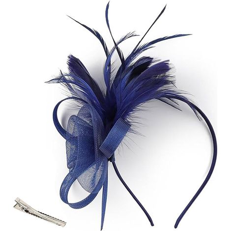 Fascinators Marine pour Femmes, ÉLégant Fascinator à Clip avec Voilette, Fascinator à Fleurs en Tulle et Plumes avec Clip et Serre-Tête pour Mariage, Soirée, Garden-Party, Thé (1/5)