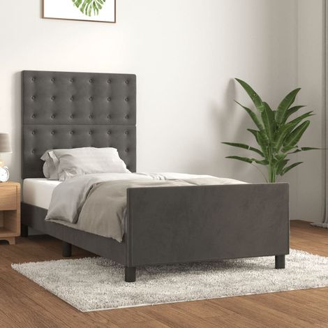 Cadre de Lit 90x200 cm Gris Foncé avec Tête de Lit Velours - 203x93 cm, Soutien Réglable, Contreplaqué, Stable, Livré sans Matelas (1/4)