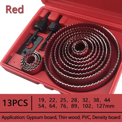 13PCS 19-127m ensemble de scie cloche scie tasse bois couronne foret pour panneau de gypse bois PVC plastique densité panneau métal outils de travail du bois - Rouge (1/5)