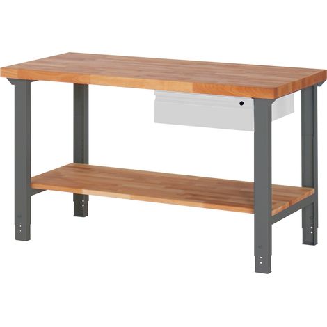 STIER Höhenverstellbare Werkbank Premium mit 1 Schublade und Ablageboden BxTxH 1500x700x790-1140mm