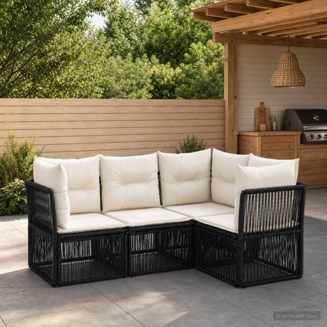 Ensemble canapé de jardin 4 pièces en polyrotin noir, modulaire avec coussins amovibles - PANGIVO (1/5)