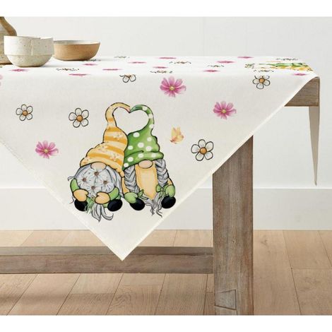 Nappe 100x100 cm motif fleurs et gnomes, facile d'entretien, polyester