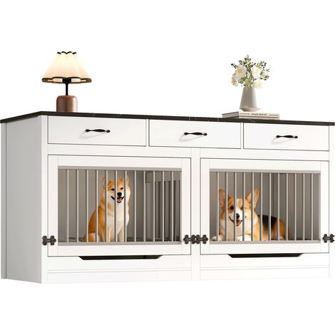 CAIziCage pour chien en bois et métal, niche intérieure pour 2 chiens, avec fermeture à serrure, porte relevable, cloison amovible, 3 tiroirs, blanc et noir, grande taille, 164×60×81 cm