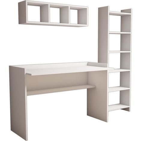 Schreibtisch mit Bücherregal und Wandregal aus Holz "Hera" - 118 x 58 x 80 cm - Weiß