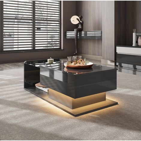 Couchtisch 100x50x33/47.5 cm Schwarz aus Spanplatte und Glas mit höhenverstellbarer Platte, LED und Stauraum (1/5)