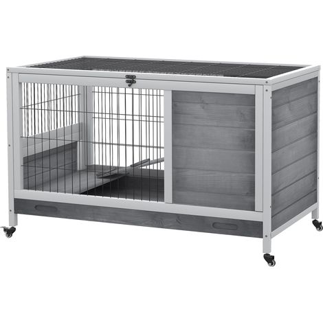 PawHut Gabbietta per Conigli e Porcellini d'India Conigliera con 4 Ruote, Casetta, Rampa e Vassoio Rimovibile, Legno Naturale, Grigio, 90x53x59 cm (1/5)