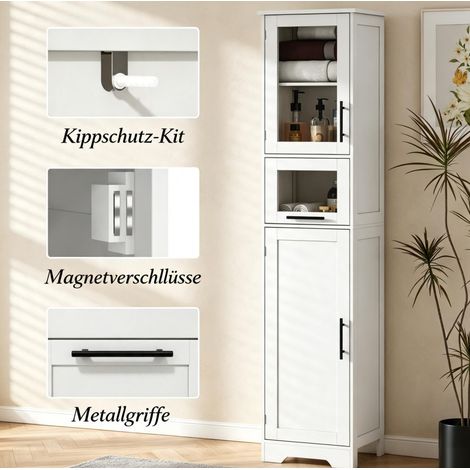 Badezimmerschrank 40x31x170 cm aus weißem MDF mit 1 Schublade, platzsparend – MEUBLIV (1/5)