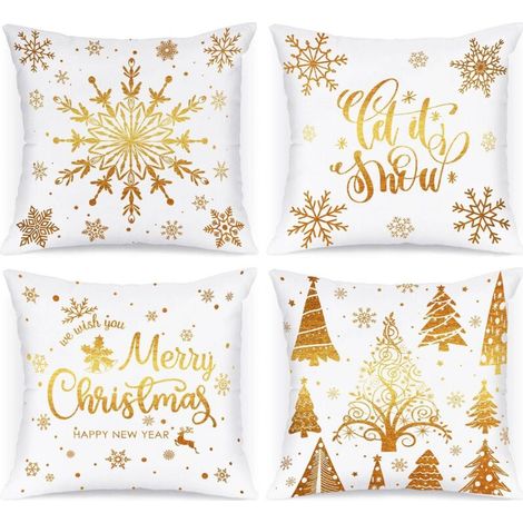 Lot de 4 père Housse de Coussin Noel 45x45 cm, Taie d'oreiller Joyeux Xmas Flocons de Neige d'hiver Parure de Oreiller de Décoration(Blanc et Doré) (1/5)