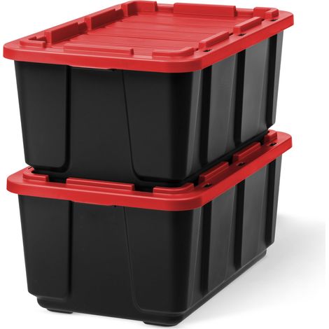 Caisse Rangement Plastique avec Couvercle Robuste, 100L, Lot de 2, Noir, Empilable, pour Garage, Etagères, Déménagement, Plastique, Boite a Outils, Boîte de Rangement, UTB-27 (1/5)
