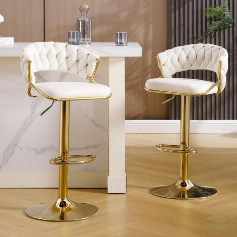 Barhocker 2er-Set Samt höhenverstellbar 360° drehbar mit geflochtener Rückenlehne, Weiß (1/5)