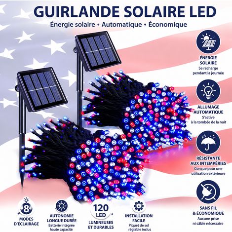 Guirlande rouge blanc bleu trois couleurs nouvelle version améliorée avec télécommande solaire et charge USB 12 m 100 LED 22 × 10 × 9 cm 1 kg – Livraison gratuite