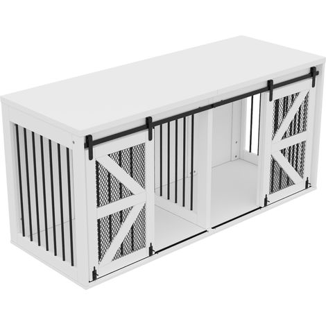 Cage pour chiens en métal et panneau blanc avec porte coulissante style grange, double compartiment séparé, 160 x 60 x 75 cm (1/5)