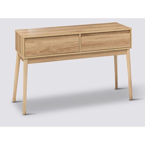Pegane – Table console en bois de pin beige avec 2 tiroirs – Dimensions 114 x 37 x 76 cm – Meuble de rangement moderne (1/4)