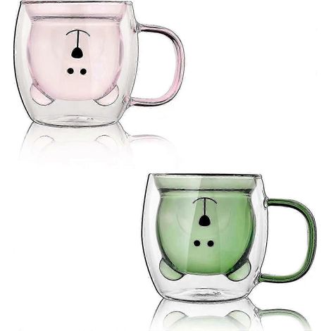 Set aus 2 niedlichen Bärenbechern, niedlichen Bären-Teetassen, doppelwandigen Milchbechern aus Glas mit Henkel und Thermoisolierung. (1/5)