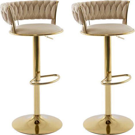 Lot de 2 tabourets de bar en velours et métal doré - Hauteur réglable - Beige - LOMYA (1/5)