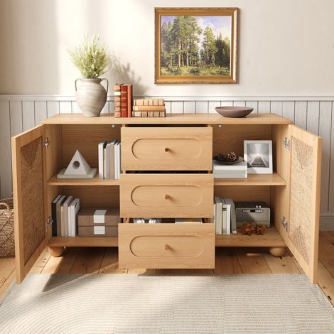 Buffet avec 2 Portes en Cannage et 3 Tiroirs, Étagères Intérieures, pour Salon et Salle à Manger, MDF, Naturel (1/5)