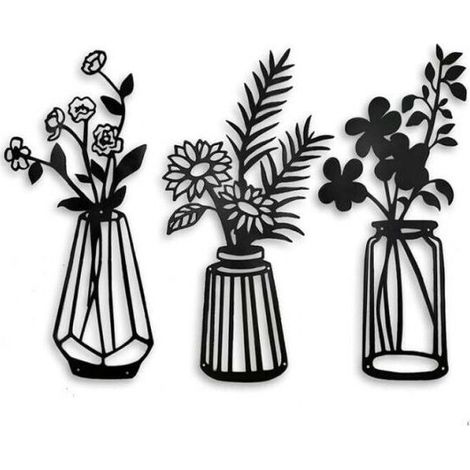3 Pieces Metal Flower Wall Decor, Metal Vase Flower Wall Sculpture, Black Metal Wall Decor Art for Living Room Bathroom Bedroom, Black Wall Art for Kitchen (1/5)