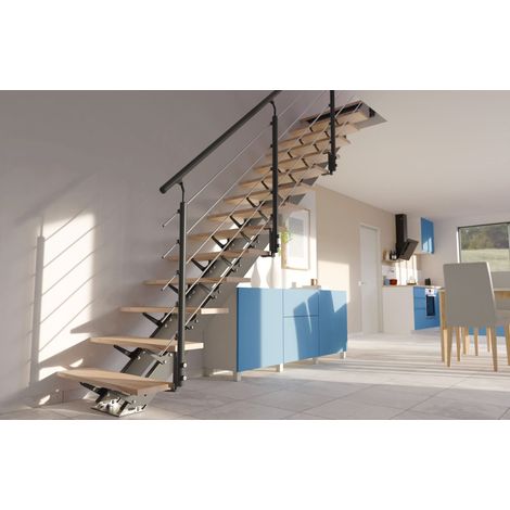 Escalier Droit Métal et Bois Anthracite 14 Marches Hêtre Brut Twin France