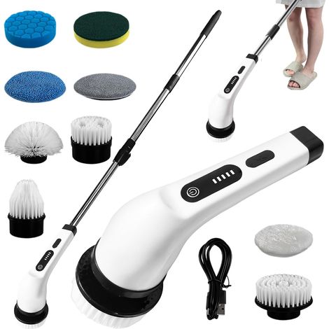 Cepillo de limpieza eléctrico multifuncional, cepillo giratorio inalámbrico con 9 cabezales, mango largo retráctil, herramienta de limpieza diseñada para bañeras, encimeras, baños y duchas. (1/5)