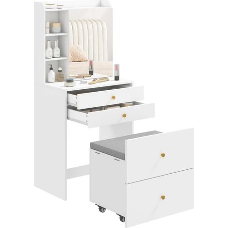 Coiffeuse blanche avec miroir et tabouret de rangement mobile, table de maquillage avec tiroirs et étagères ouvertes (1/5)