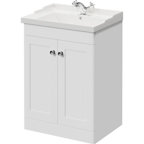 Wholesale Domestic Danbury Satin White 600mm Floor Standing Vanity Unit with 1 Tap Hole Traditional Basin and 2 Doors with Polished Chrome Handles (1/5)
