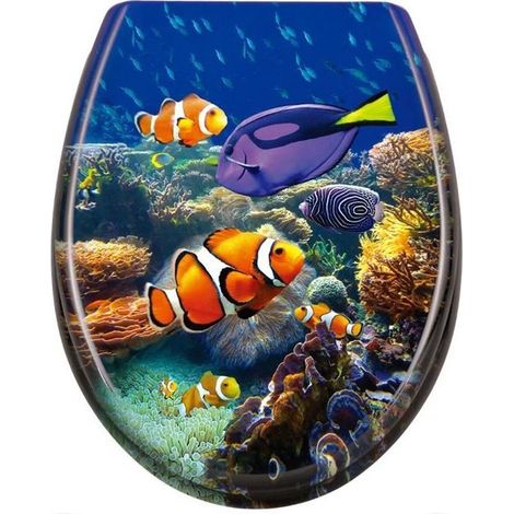1 abattant WC, frein de chute soft close, plastique dur, motif poisson coloré, pour toilettes standard