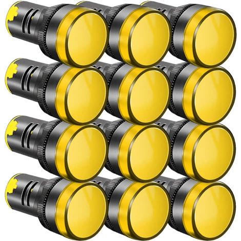 Pack of 12 LED power indicators, 22 mm, 220 V-380 V AC/20 mA, LED driver sign, LED flashing light, Yellow