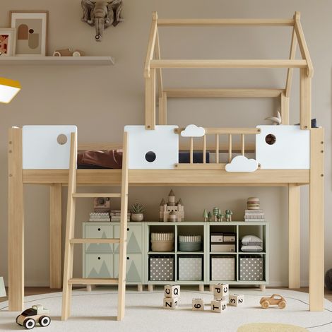 Lit mezzanine 90x200 toit design - Barrières antichute, échelle 3 marches - Maxi sécurité - Pin et MDF blanc/naturel (sans Matelas) (1/5)