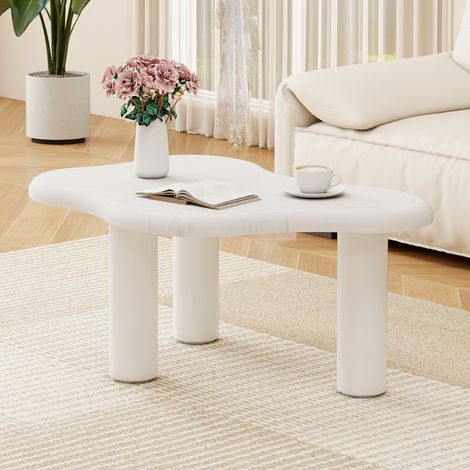 Mesa de centro blanca en tablero de partículas con efecto mármol, diseño nube y patas estables (1/5)